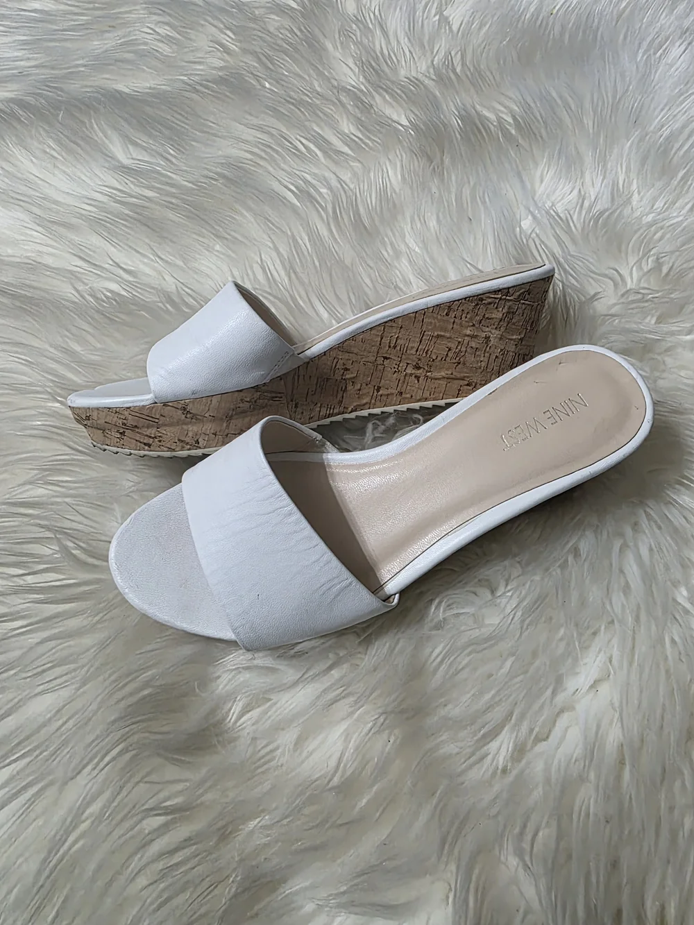 Nine West White Cork Wedge Slide Sandals